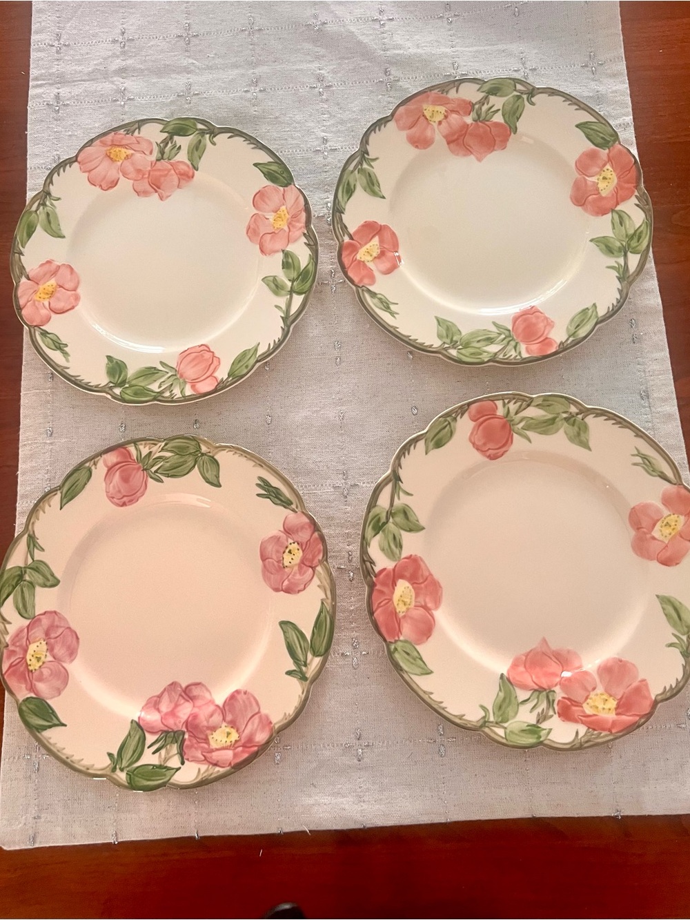 Franciscan Pink Floral Stoneware Salad Plates with Green Leaves - Set of 4